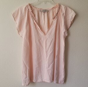 Loft Pink Short Sleeve Blouse w/ Beaded Accents Detail V Neck
